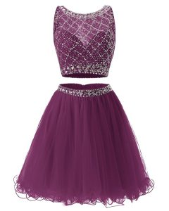 Beading and Belt Dress for Prom Purple Side Zipper Sleeveless Mini Length