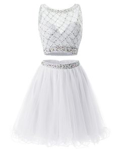 White Sleeveless Mini Length Beading and Belt Side Zipper Prom Evening Gown