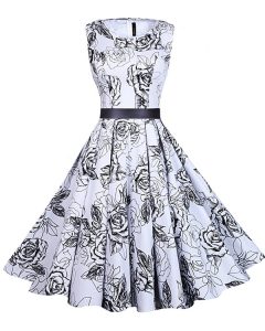 Flare Chiffon Scoop Sleeveless Zipper Sashes ribbons and Pattern Prom Dress in White And Black