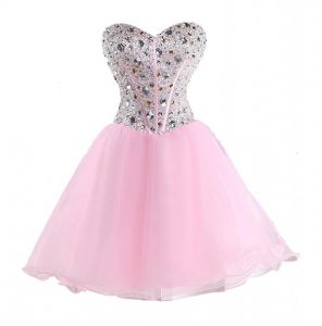 Stunning Pink Prom Dresses Prom and Party and For with Beading Sweetheart Sleeveless Lace Up
