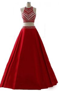 Low Price Scoop Wine Red Chiffon Zipper Evening Dress Sleeveless Floor Length Beading