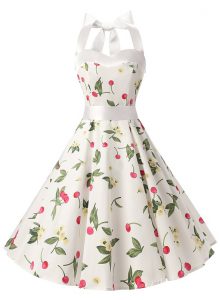 Exquisite Halter Top White Sleeveless Sashes ribbons and Pattern Knee Length Dress for Prom