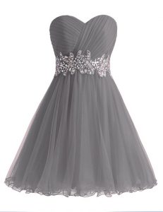 Customized Sleeveless Chiffon Knee Length Lace Up Prom Dresses in Grey with Beading and Ruching