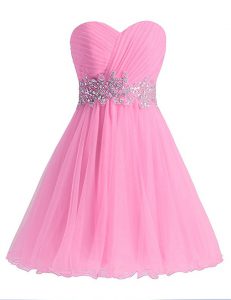 Custom Designed Rose Pink Prom Gown Prom and Party and For with Beading and Ruching Sweetheart Sleeveless Lace Up