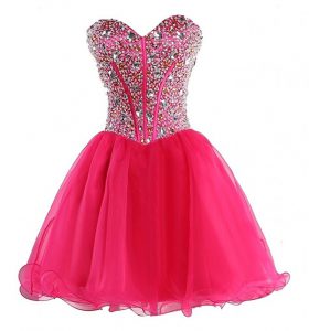 Cheap Hot Pink Lace Up Sweetheart Beading Prom Party Dress Organza Sleeveless