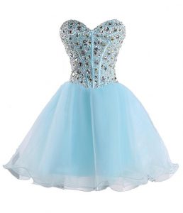 Exquisite Sleeveless Organza Mini Length Lace Up Prom Dress in Baby Blue with Beading