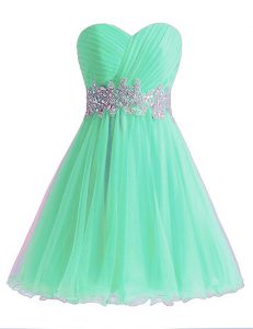 High Quality Apple Green A-line Chiffon Sweetheart Sleeveless Beading and Ruching Knee Length Lace Up Prom Dress