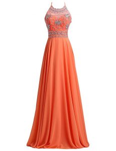 Orange Red A-line Scoop Sleeveless Chiffon Sweep Train Zipper Beading and Belt Prom Gown