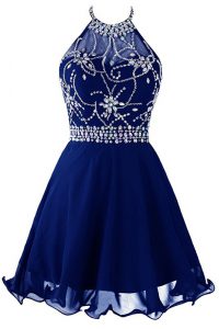 Top Selling Royal Blue Halter Top Zipper Beading Dress for Prom Sleeveless