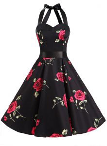 Halter Top Black Sleeveless Knee Length Sashes ribbons and Pattern Zipper Evening Dress