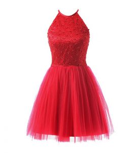 Delicate Knee Length Coral Red Prom Party Dress Scoop Sleeveless Zipper