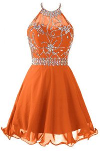 Graceful Orange Halter Top Zipper Beading Evening Dress Sleeveless