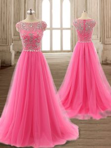 Fancy Scoop Rose Pink A-line Beading Formal Evening Gowns Zipper Tulle Cap Sleeves