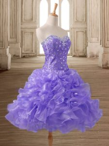 Fine A-line Prom Gown Lavender Sweetheart Organza Sleeveless Mini Length Lace Up