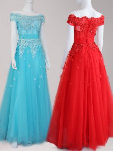 Off The Shoulder Cap Sleeves Tulle Evening Dress Beading and Appliques Zipper