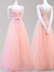 Appliques and Bowknot Prom Dress Baby Pink Lace Up Sleeveless Floor Length