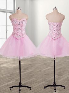 Baby Pink Sleeveless Mini Length Beading Lace Up Prom Dress