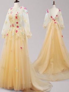 Colorful Scoop Long Sleeves Backless Prom Evening Gown Gold for Prom with Appliques Brush Train