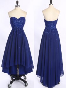 Royal Blue Chiffon Zipper Prom Dresses Sleeveless High Low Beading