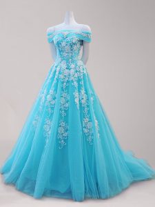 Attractive Off The Shoulder Cap Sleeves Lace Up Homecoming Dress Aqua Blue Tulle