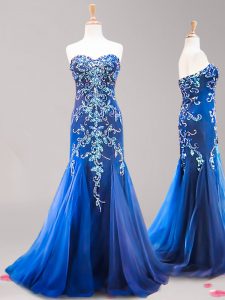 Simple Royal Blue Mermaid Sweetheart Sleeveless Tulle Brush Train Zipper Beading and Appliques Celebrity Inspired Dress