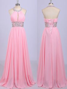 Decent Floor Length Rose Pink Evening Dress Halter Top Sleeveless Zipper