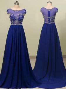 Most Popular Scoop Cap Sleeves Prom Dress With Brush Train Beading Royal Blue Chiffon