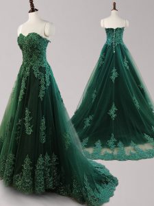 Tulle Sweetheart Sleeveless Brush Train Lace Up Beading and Appliques Prom Party Dress in Dark Green