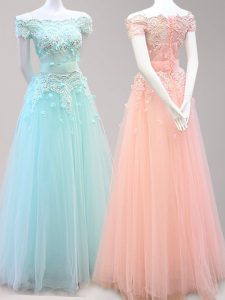 Admirable Light Blue and Peach Tulle Zipper Off The Shoulder Cap Sleeves Floor Length Homecoming Dress Beading and Appli