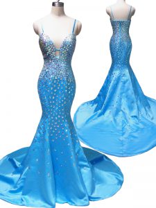 Mermaid Satin Spaghetti Straps Sleeveless Court Train Zipper Beading Prom Party Dress in Baby Blue