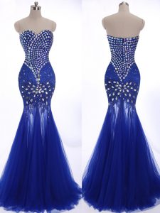 Mermaid Sleeveless Royal Blue Prom Dress Brush Train Zipper