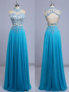 Baby Blue Empire Beading and Lace Dress for Prom Backless Chiffon Cap Sleeves Floor Length