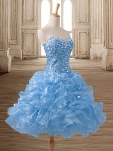 Suitable A-line Prom Evening Gown Blue Sweetheart Organza Sleeveless Mini Length Lace Up