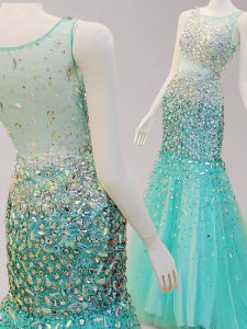 Popular Mermaid Scoop Turquoise Sleeveless Beading Side Zipper Evening Party Dresses