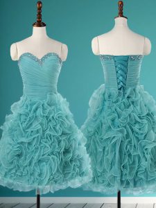 Turquoise Evening Dress Prom and Party and For with Beading and Ruffles Sweetheart Sleeveless Lace Up