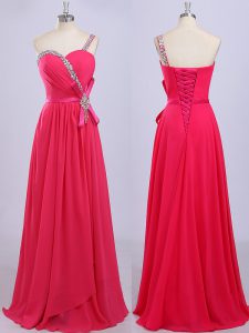 One Shoulder Sleeveless Floor Length Beading and Belt Zipper Mother Of The Bride Dress with Hot Pink