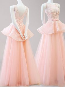 Sexy Scoop Sleeveless Tulle Floor Length Backless Homecoming Gowns in Peach with Appliques and Belt