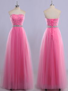 High Class Beading Prom Dress Rose Pink Lace Up Sleeveless Floor Length