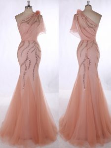 Elegant One Shoulder Sleeveless Tulle Brush Train Zipper Prom Evening Gown in Peach with Beading and Hand Made Flower