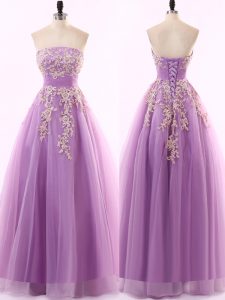 Delicate Lilac Zipper Evening Dress Appliques Sleeveless Floor Length