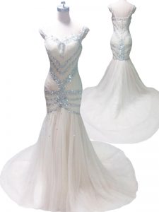 Mermaid Straps White Zipper Prom Dress Beading Sleeveless With Train Court Train