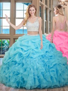 Floor Length Zipper Quince Ball Gowns Baby Blue for Military Ball and Sweet 16 and Quinceanera with Beading and Ruffles 