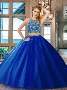 Two Pieces Quinceanera Gowns Royal Blue Scoop Tulle Sleeveless Floor Length Backless
