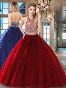 Wine Red Tulle Backless Halter Top Sleeveless Floor Length Quince Ball Gowns Beading