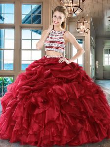 Scoop Sleeveless Floor Length Beading and Ruffles and Pick Ups Backless Quinceanera Gown with Wine Red