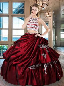 Scoop Sleeveless Taffeta Floor Length Backless Quinceanera Dresses in Wine Red with Beading and Appliques and Pick Ups