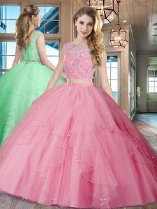 Lace and Ruffles Quinceanera Dresses Rose Pink Lace Up Sleeveless With Brush Train