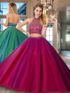 Custom Made Halter Top Backless Tulle Sleeveless Quinceanera Gowns Brush Train and Beading