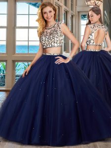 Lovely With Train Navy Blue 15 Quinceanera Dress Scoop Cap Sleeves Brush Train Backless