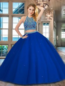 Discount Floor Length Royal Blue Quinceanera Gowns Scoop Sleeveless Backless